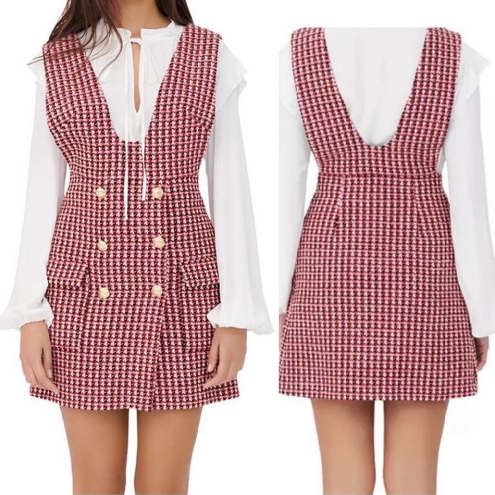 MAJE Russi Dress Black/Pink Plaid Pinafore Dress, Size 36/Small. New with tags.